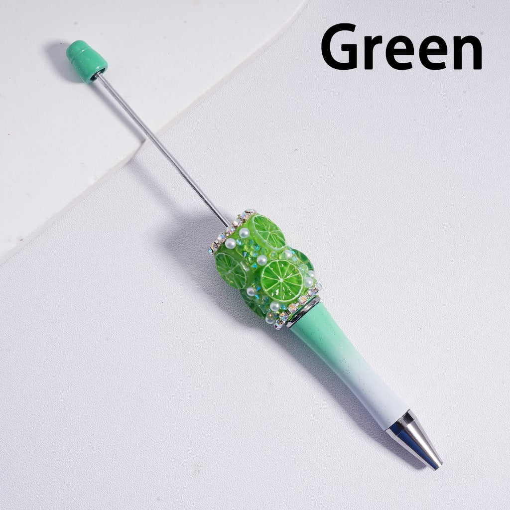 Beadable Clay Pen with White Pearls AB Rhinestones Chains Vivid Fruit Orange Lemon Slice