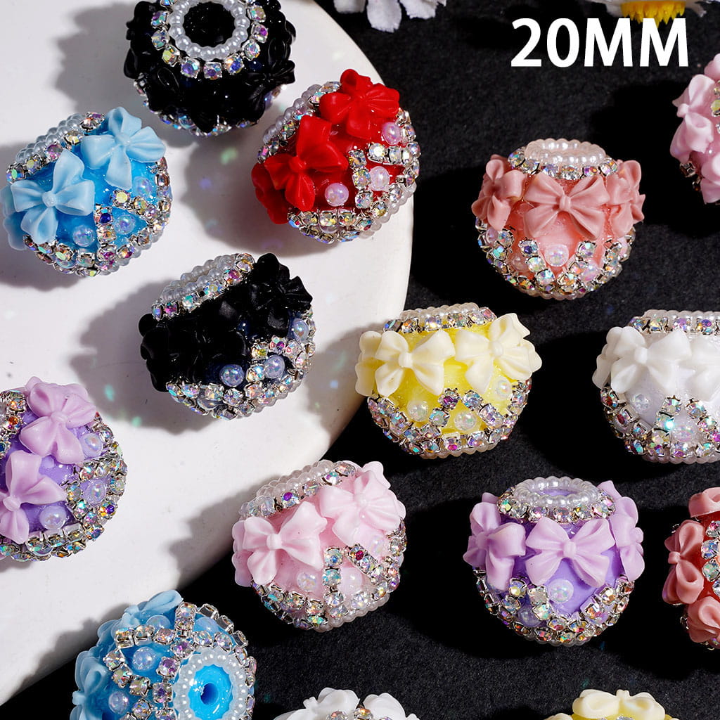 Handcrafted Acrylic Beads w Mini Bowtie & UV Coated Half-Shell Pearls, AB Rhinestone & White Pearl Chains, 20MM Multi-Color, Random Mix