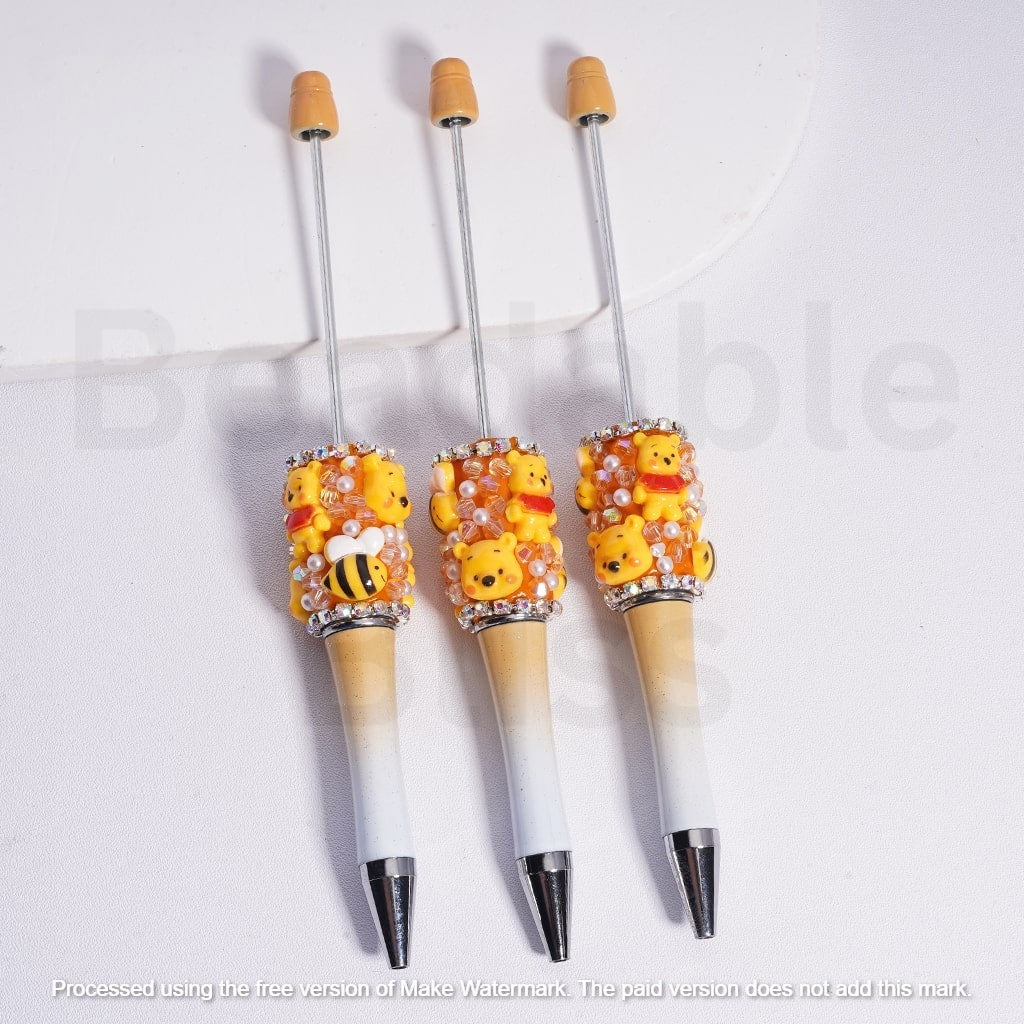 Beadable Clay Pen with White Pearls AB Rhinestones Chains Cute Winni the Pooh Bee