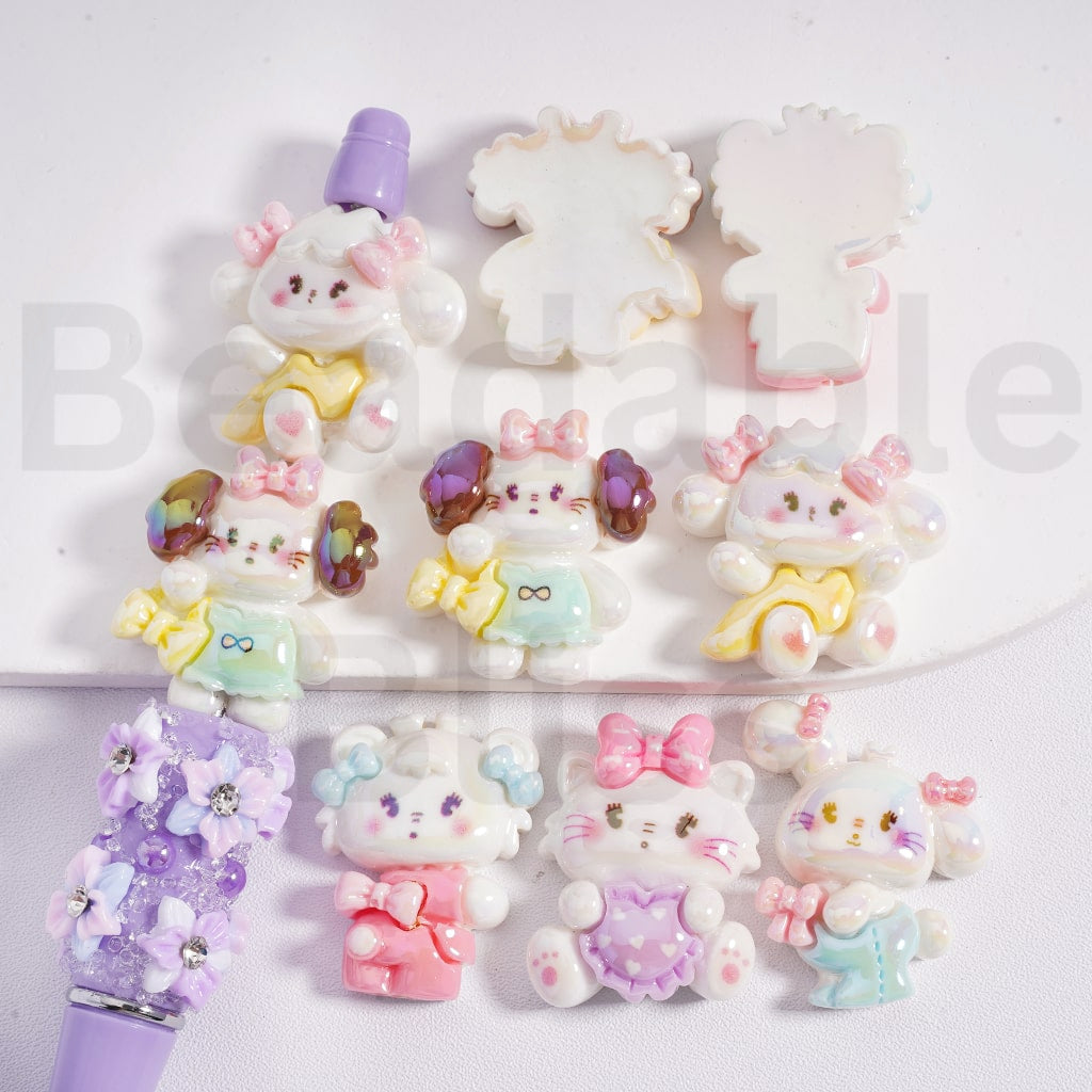 Acrylic Beads UV Coating Cute Cat Kitty with Bowknot, Random Mix