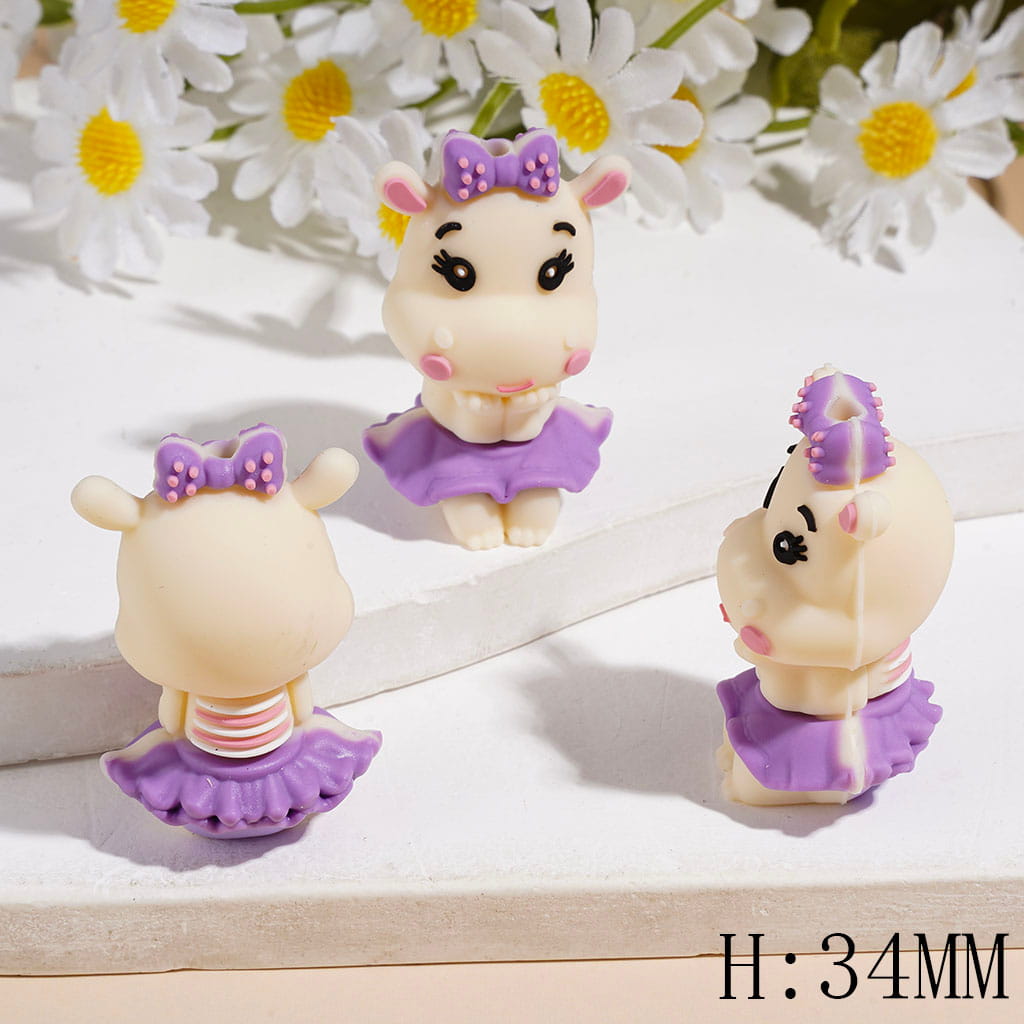 3D Cute Hippopotamus with Purple Bow and Dress Silicone Focal Beads, Height 34MM
