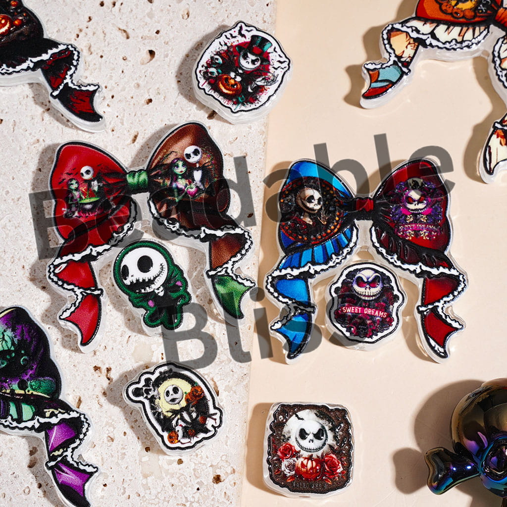 Halloween Skull Skeleton Couple Character Series Acrylic Beads Bow and Ornament, Random Mix