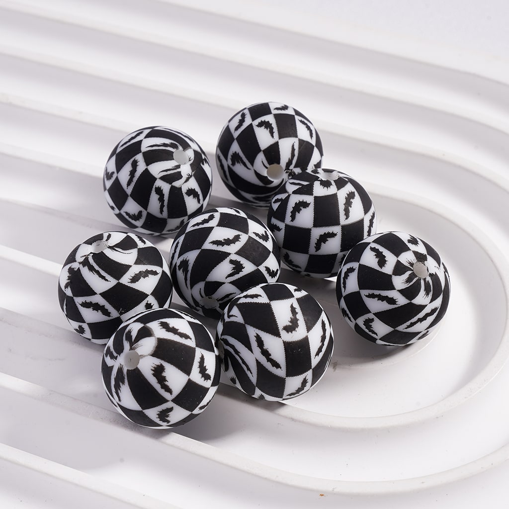 Mini Bat Printed Black-White Checkered Silicone Beads 15MM Z-00299