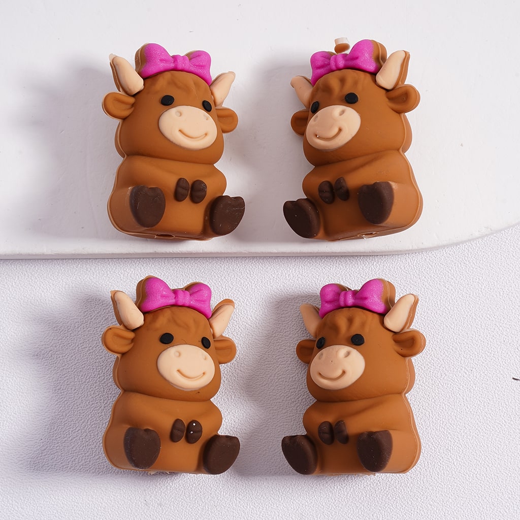 Silicone Focal Beads 3D Cute Cow with Pink & Teal Bowknot