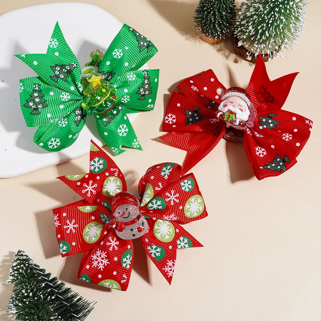 Christmas Ribbon Bowtie Acrylic Beads, UV Coated Bow Santa Gingerbread Tree Bell Snowman, AB Rhinestones & White Pearl Chains, Multi-Color Random Mix
