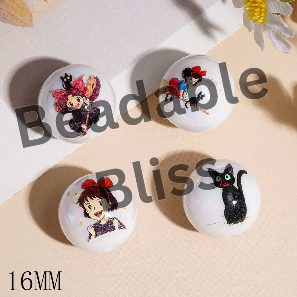 UV Coated Acrylic Beads for Bracelets Magical Girl and Black Cat Character Series, 16MM Random Mix
