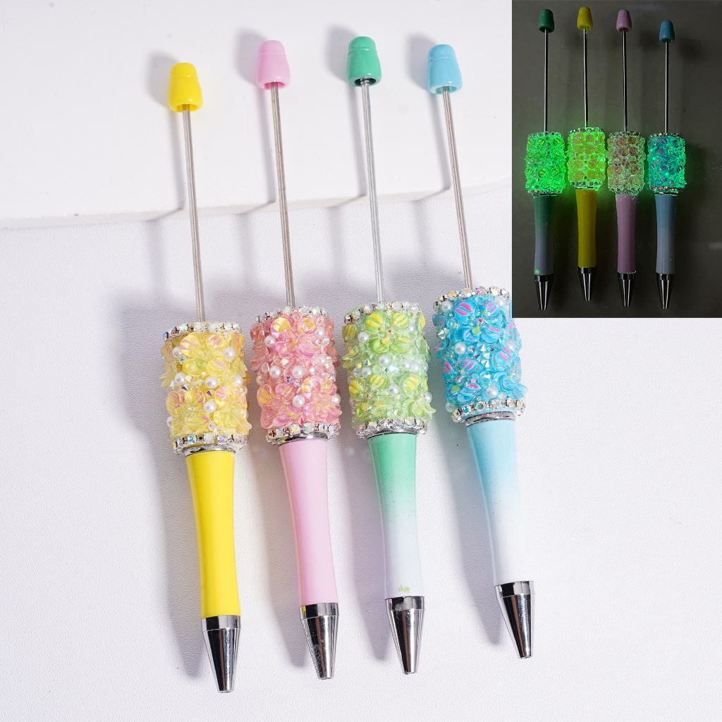 Beadable Clay Pens Luminous with AB Rhinestones Chains White Pearls Cute Flowers