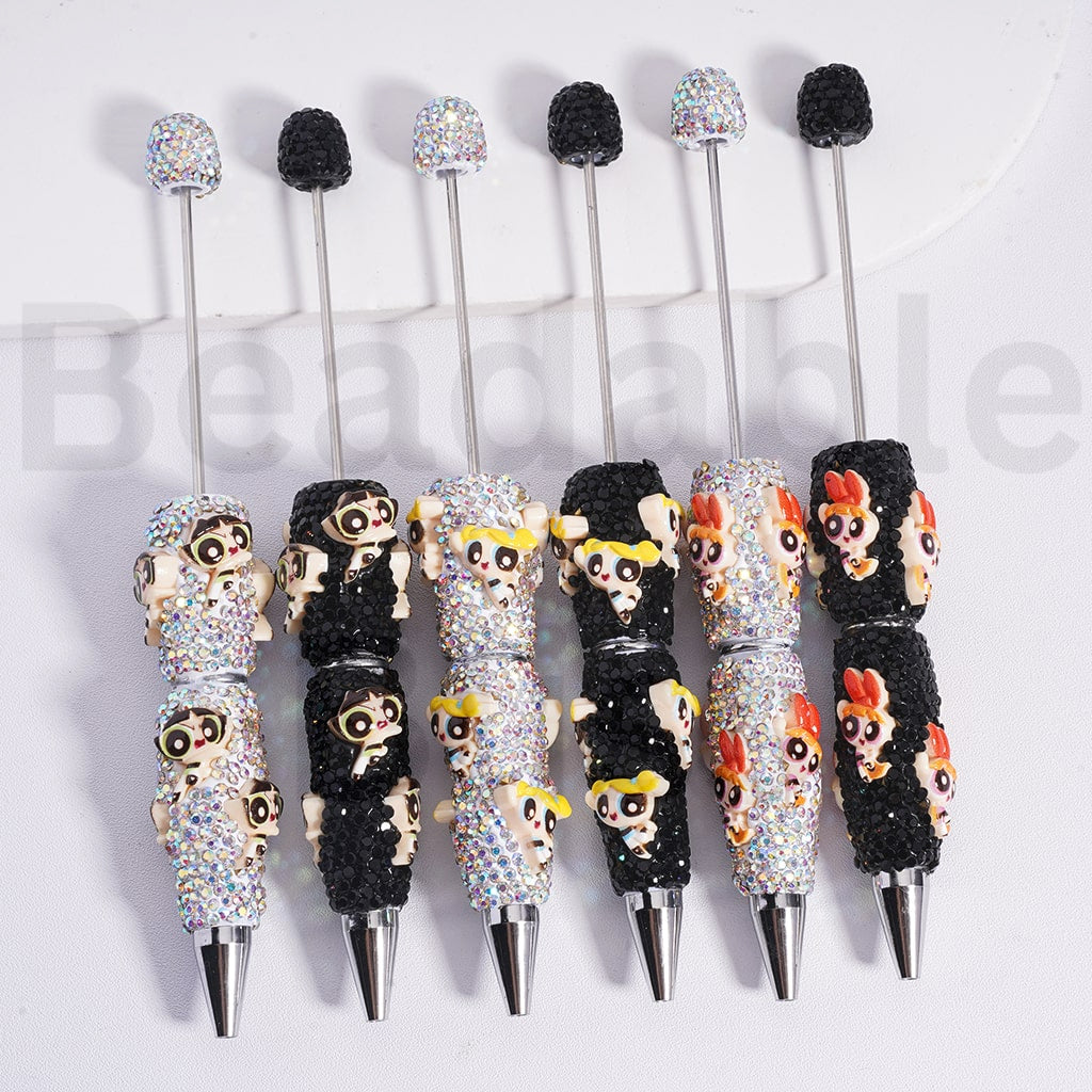 Beadable Clay Pen with Black & AB Rhinestones Cute Powerpuf Girls, Random Mix