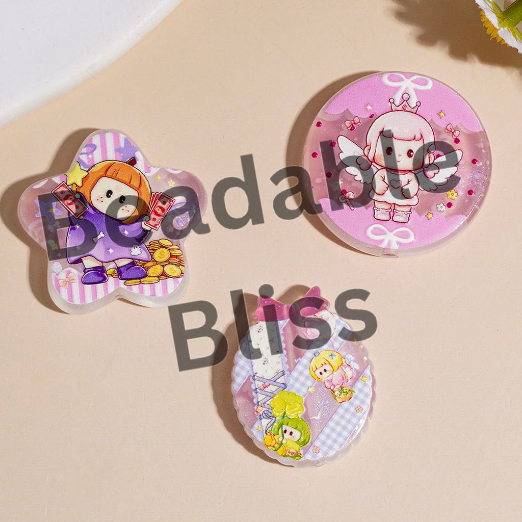 Acrylic Beads and Pendants Girl with Straight Bangs Character, Pink Series, Random Mix