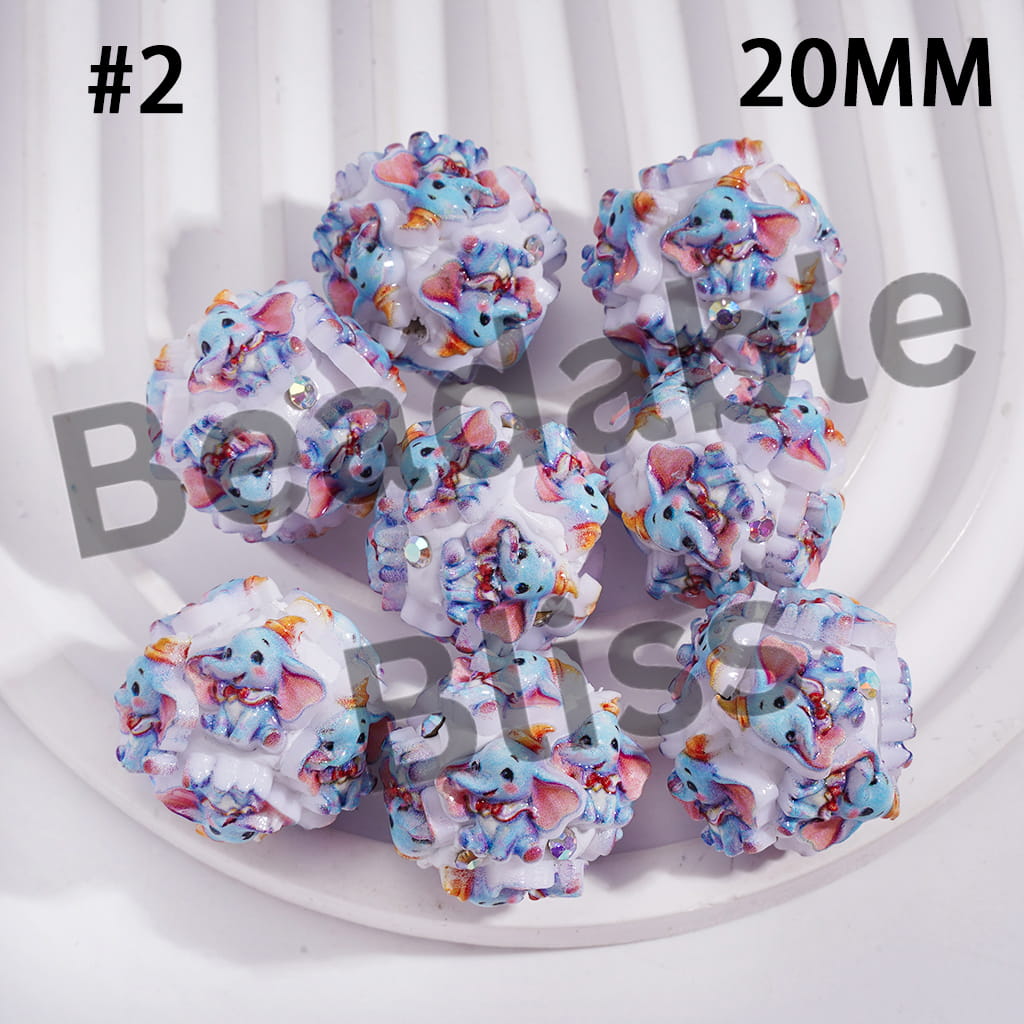 Clay Beads with Flying Elephant Character and AB Rhinestones, 20MM, Gray and Blue