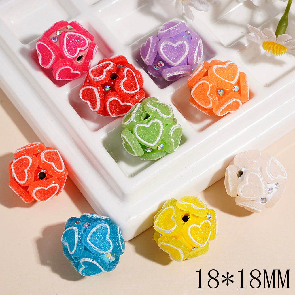 Clay Beads with White Borders Heart and AB Rhinestones, 18*18MM Macaron Colors Random Mix