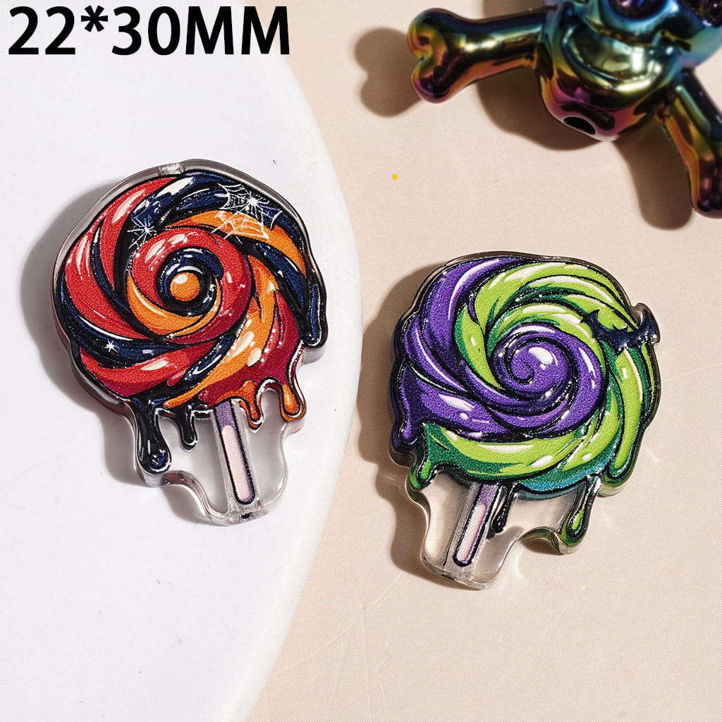 Lollipop with Spider Web Bat Pumpkin & Colorful Spiral Pattern Acrylic Beads, Halloween Series, 22*30MM Random Mix