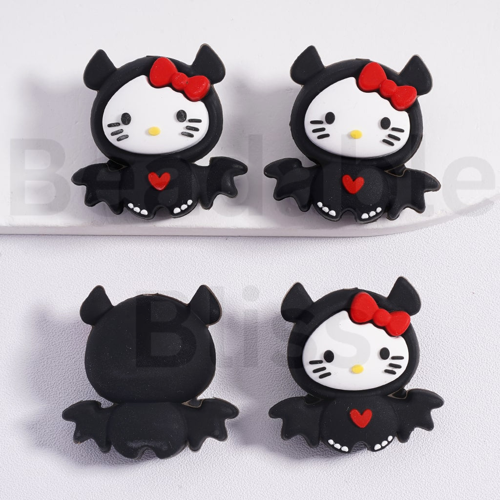 Silicone Focal Beads 3D Cute Hello Kitt in Black Bat Costume Halloween