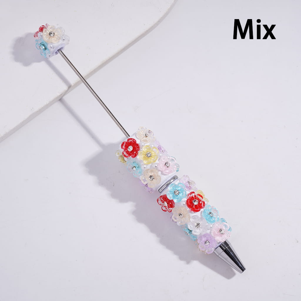 Beadable Clay Pens with Clear Five-Petaled Flowers and White Pearls, Multi-Color
