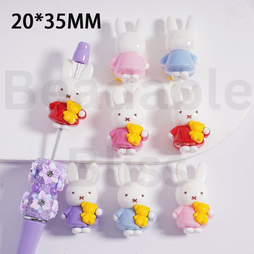 Soft PVC Rubber Beads Cute Miff Rabbit Bunny Holds a Mini Yellow Bear Doll, 20*35MM, Random Mix
