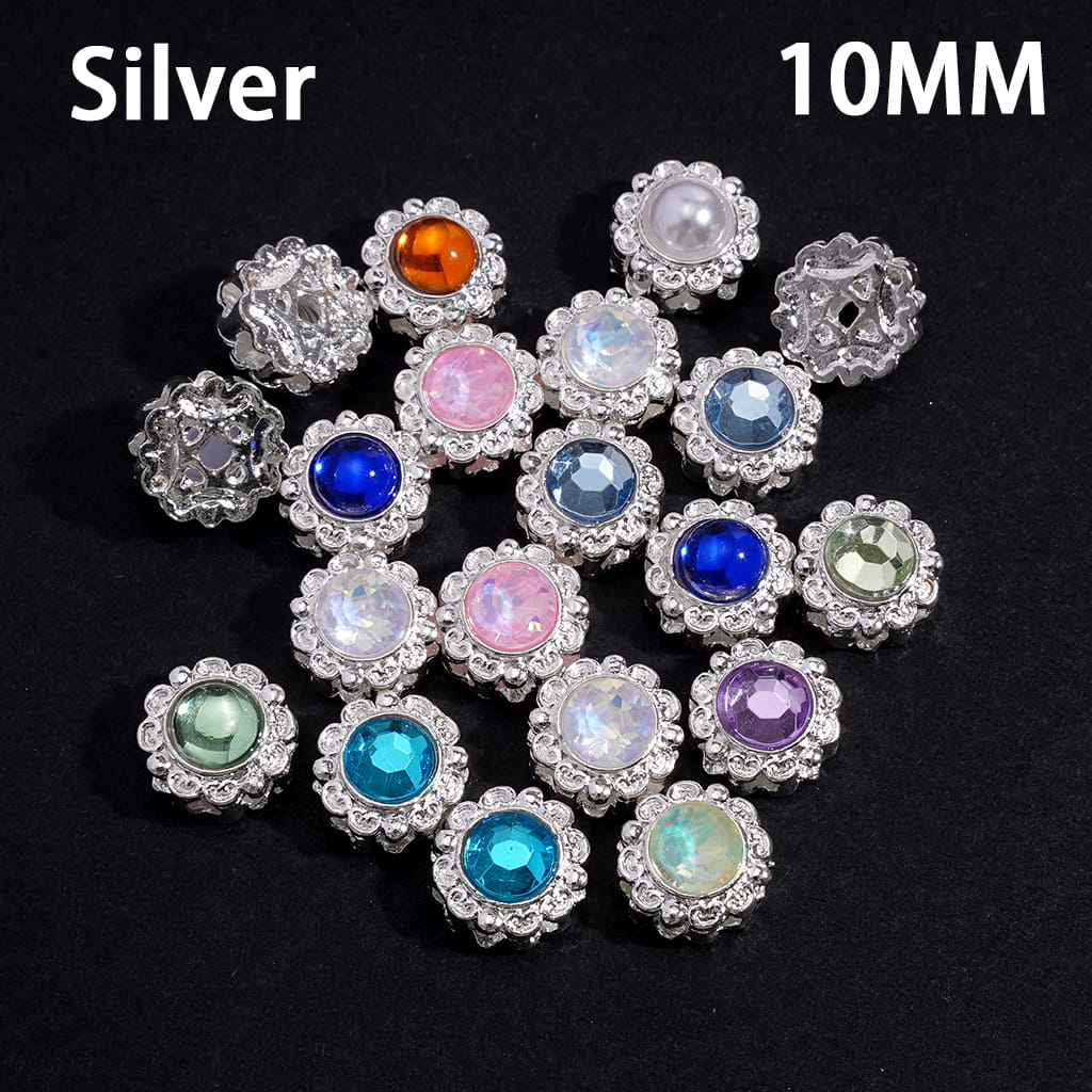 Alloy Flower Beads with Shiny Rhinestone, Hollowed Chinese Square Hole Copper Coin on Back, 10MM, Gold and Silver
