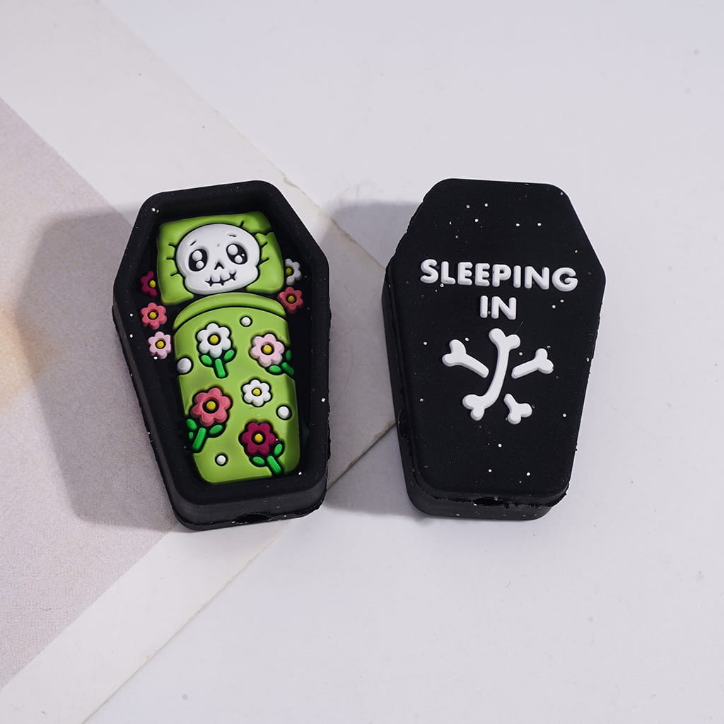 Silicone Focal Beads 3D Skeleton Sleeping in Coffin, Multi-Color