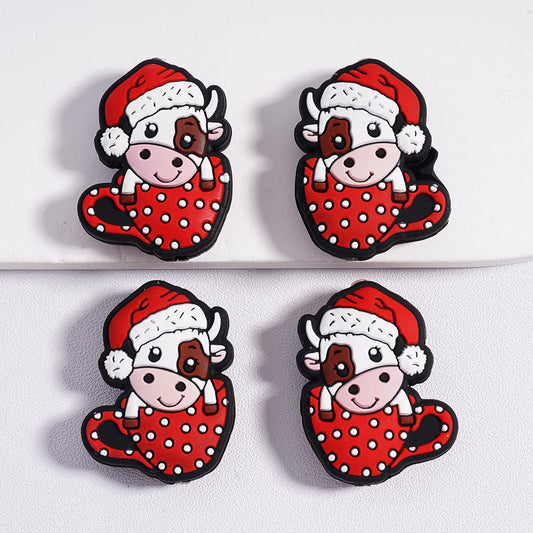 Silicone Focal Beads Cute Cow with Christmas Hat in a Cup