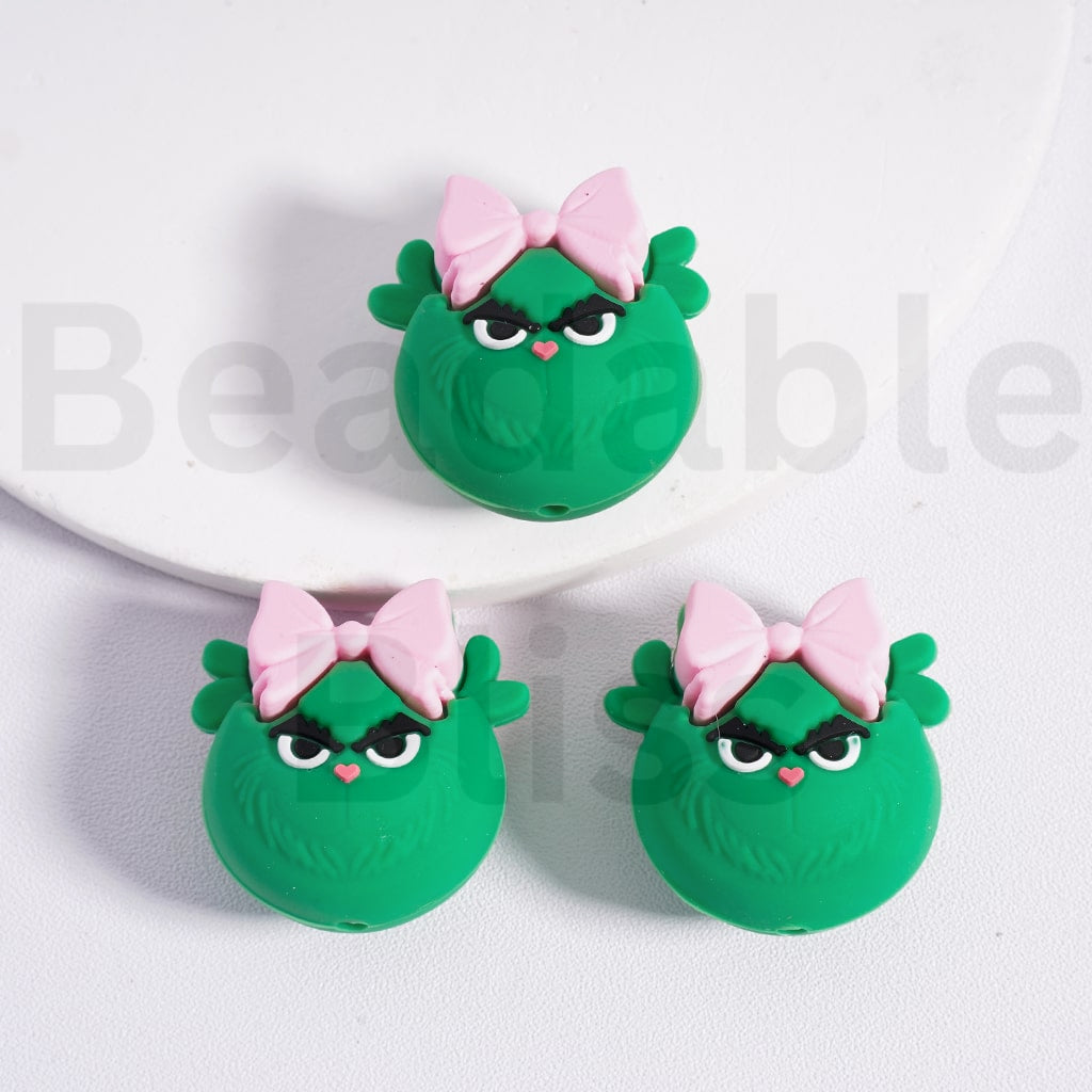 Silicone Focal Beads 3D Cute Green Grinc with Pink Bowknot Christmas