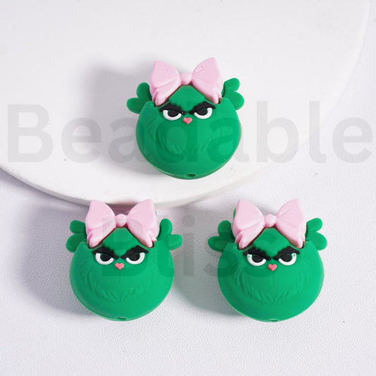 Silicone Focal Beads 3D Cute Green Grinc with Pink Bowknot Christmas