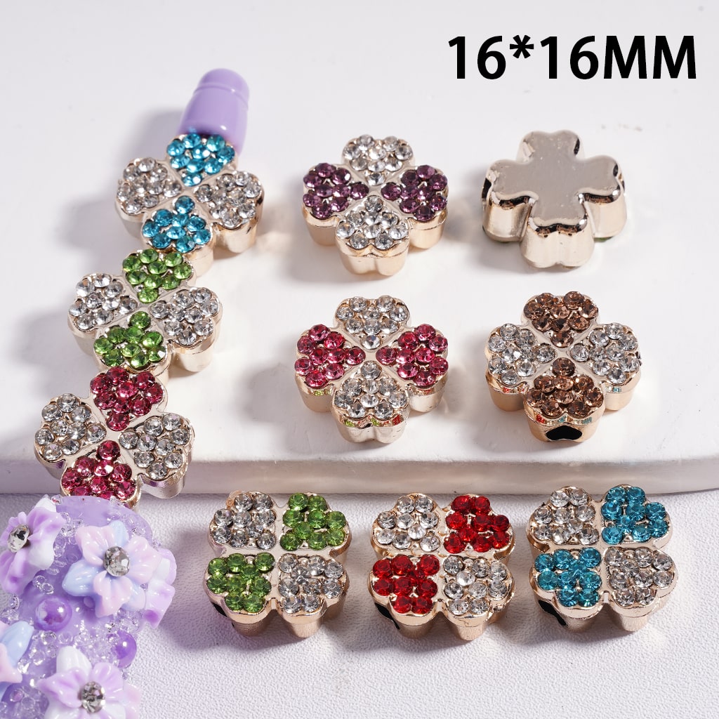 Acrylic Beads Four Leaf Clover Shape with Colorful Rhinestones, Gold Color, 16*16MM, Random Mix