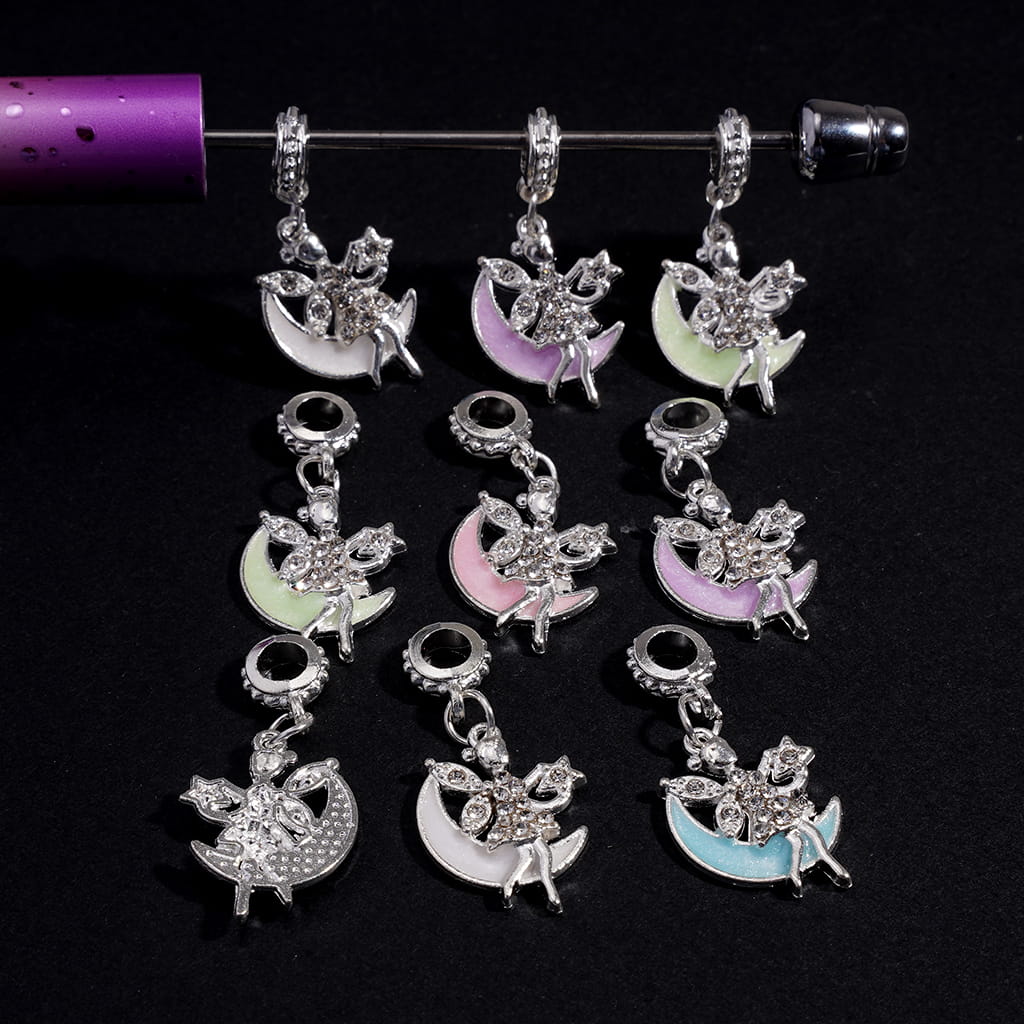 Silver Metal Bail Loop Beads, Charm Pendant Fairy Sitting on Crescent Moon, Multi-Color, Random Mix