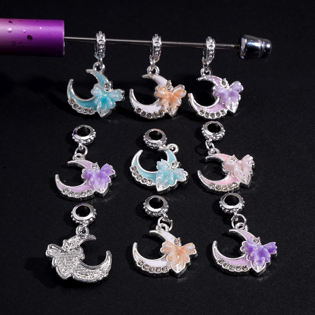 Alloy Bail Loop Beads, Charm Pendants Crescent Moon with Clear Rhinestones and Bowknot, Multi-Color, Random Mix