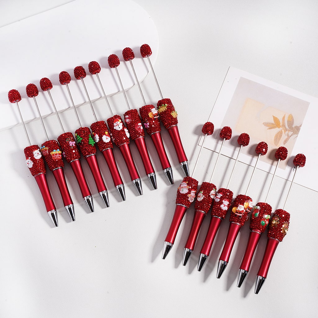Beadable Pen Red Rhinestones Christmas Series Candy Cane Tree Snowman Father Christmas Clown Hat Bell Gift Socks Gloves Elk, Random Mix