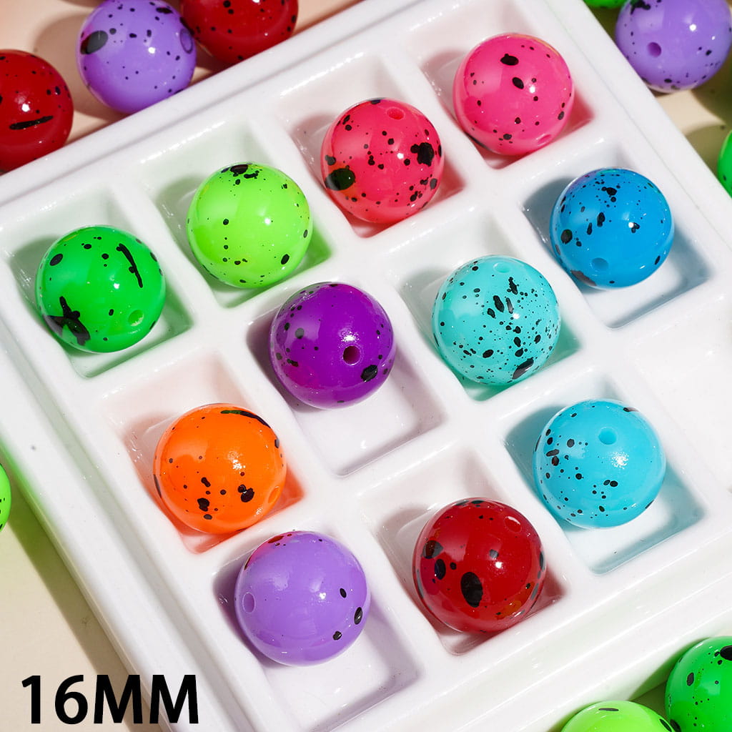 Acrylic Beads for Bracelets Black Ink Splash Spots Print, 16MM Multi-Color Random Mix
