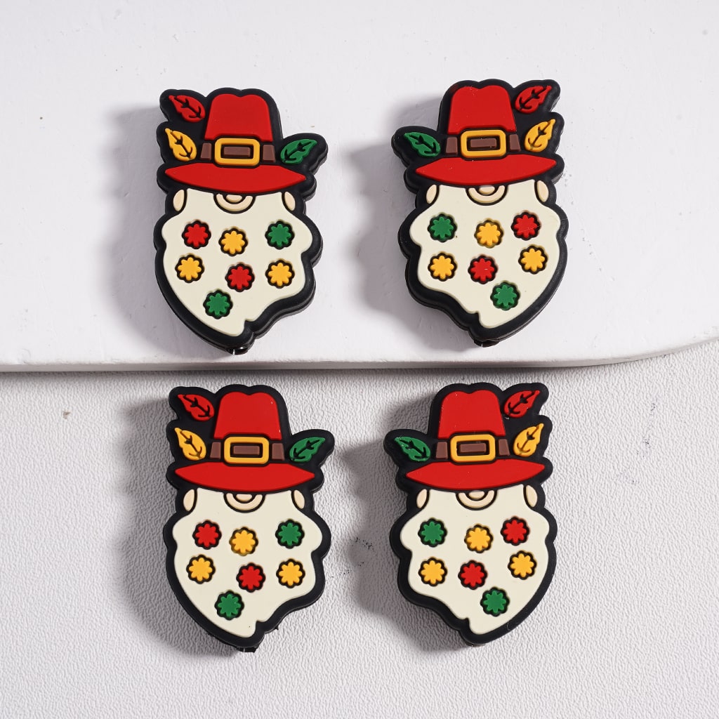 Silicone Focal Beads Funny Gnome with Hat Long Beard Mini Flowers on it