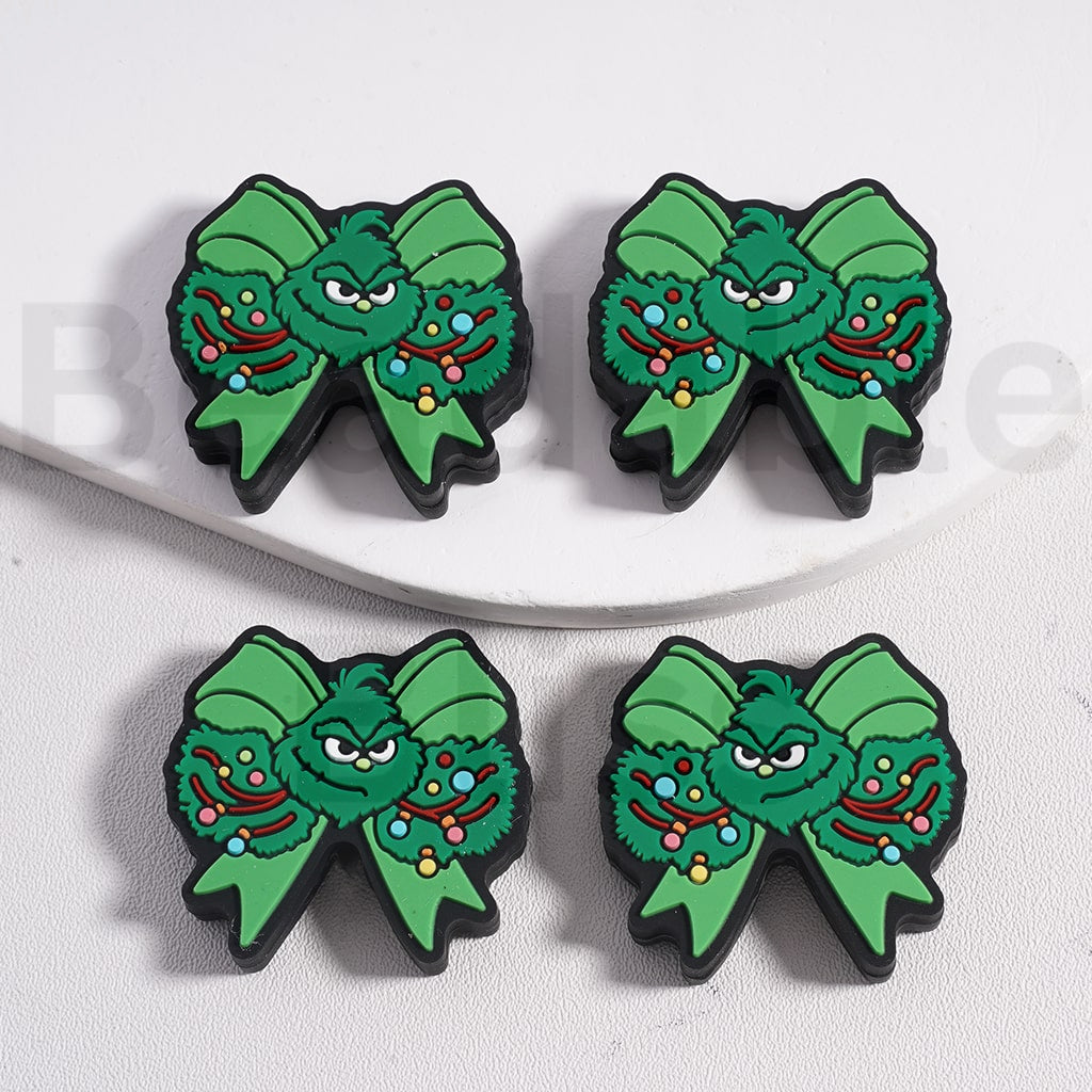 Silicone Focal Beads Green Bowknot with Cute Grinc Christmas Lights