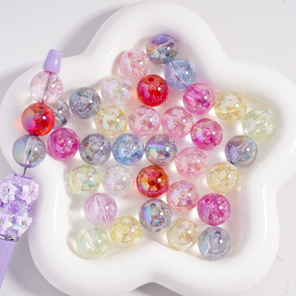 Acrylic Beads UV Coating Snowflakes Prints Translucent, 16MM, Random Mix