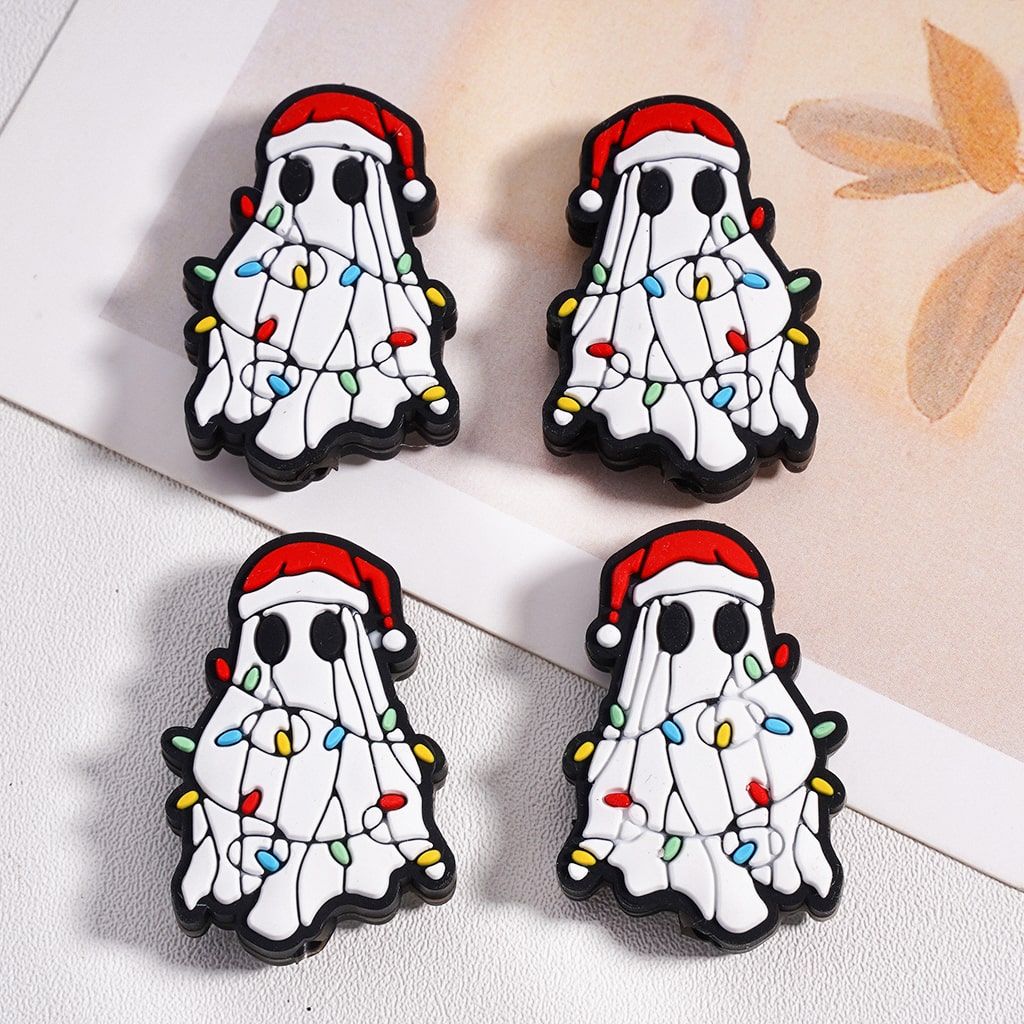 Silicone Focal Beads Cute Ghost with Red Christmas Hat Covered by Colorful Lights