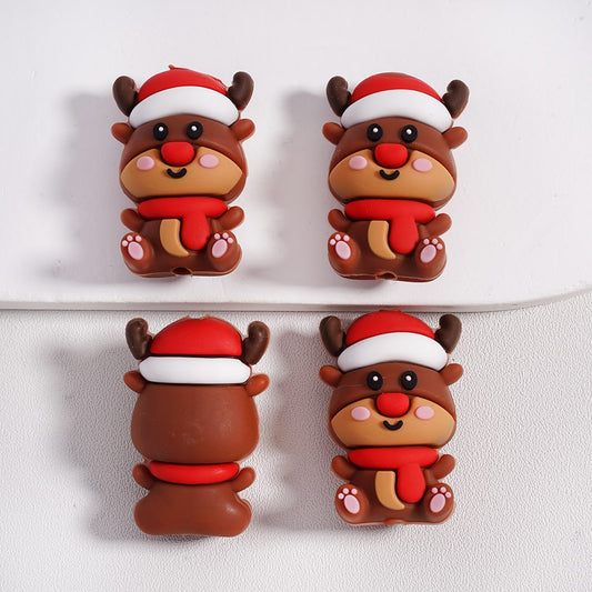 Silicone Focal Beads 3D Cute Deer Elk with Red Christmas Hat Scarf