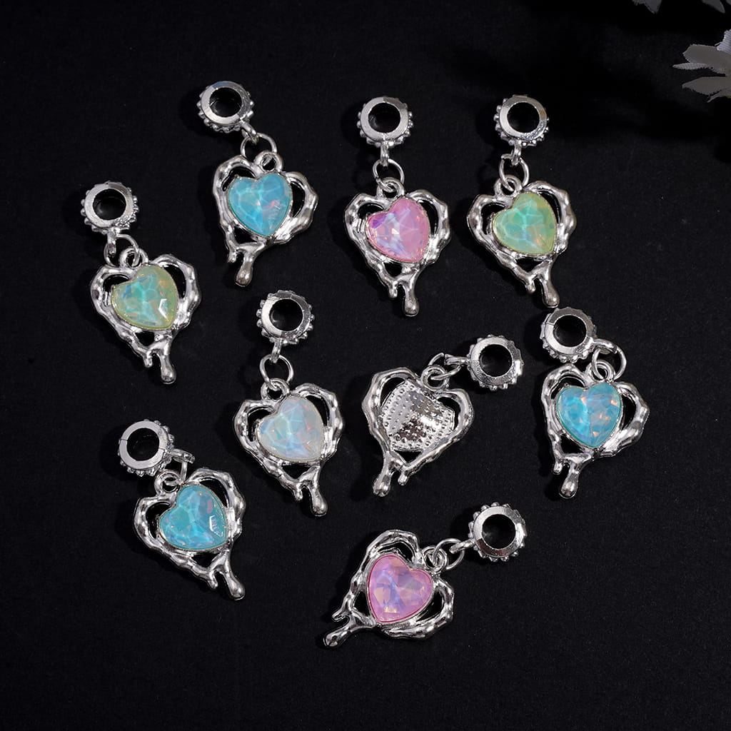 Silver Metal Loop Beads with Heart Rhinestones Dangle Charm Pendant Bails for Jewelry Accessories, Random Mix