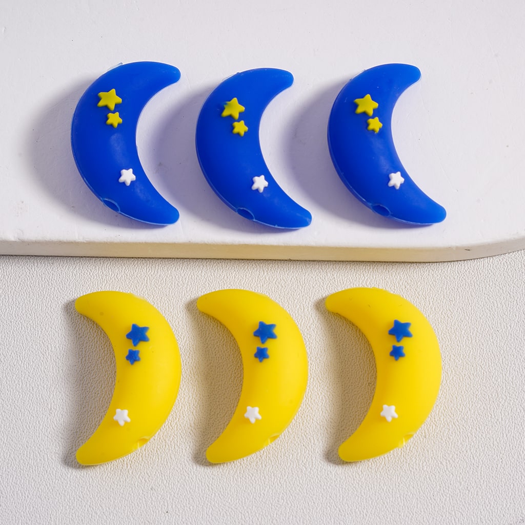 Silicone Focal Beads 3D Cute Crescent Moon with Stars in Yellow & Blue Color