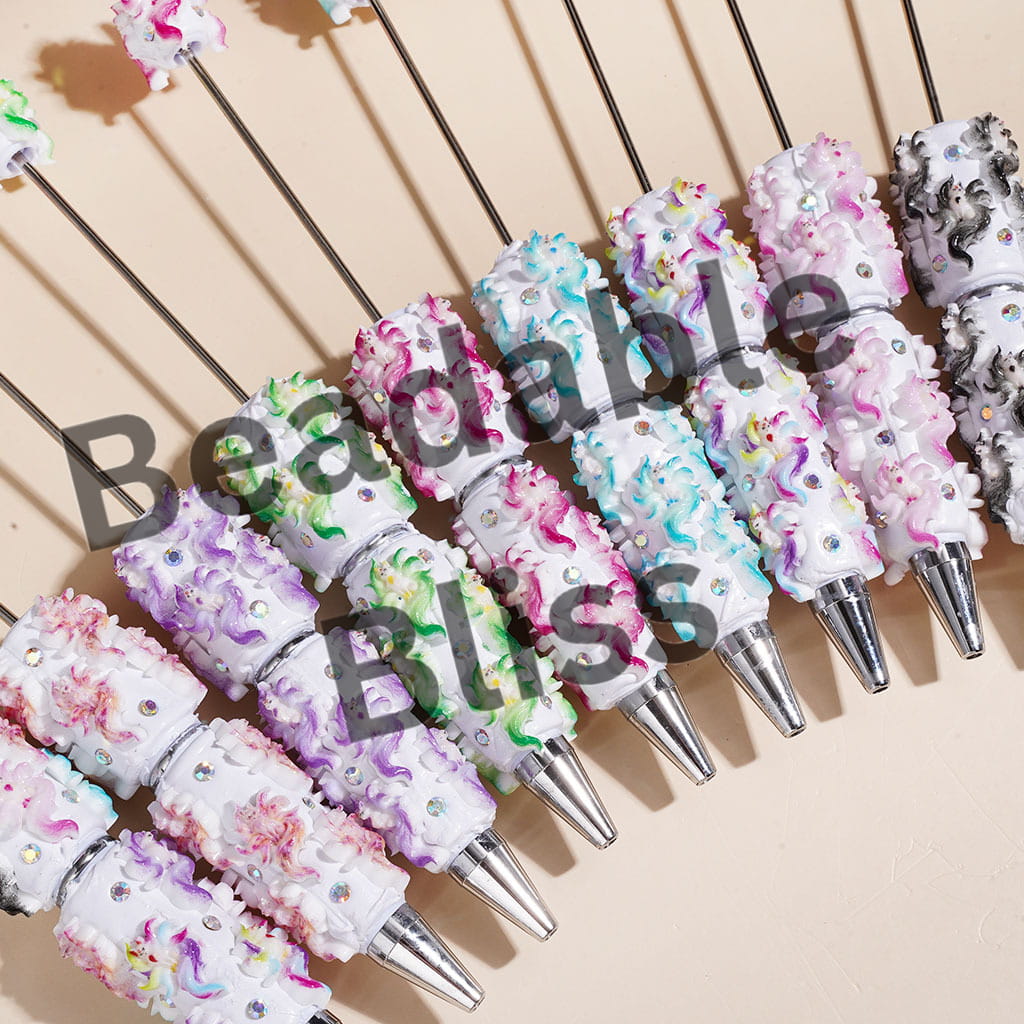 Beadable Clay Pens with Nine-Tailed Fox and AB Rhinestones, Multi-Color, Random Mix