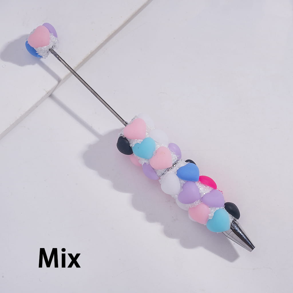 Handmade Beadable Sugar Clay Pens w Matte Hearts & Tiny Broken Rhinestones Covered the Entire Pens, Multi-Color