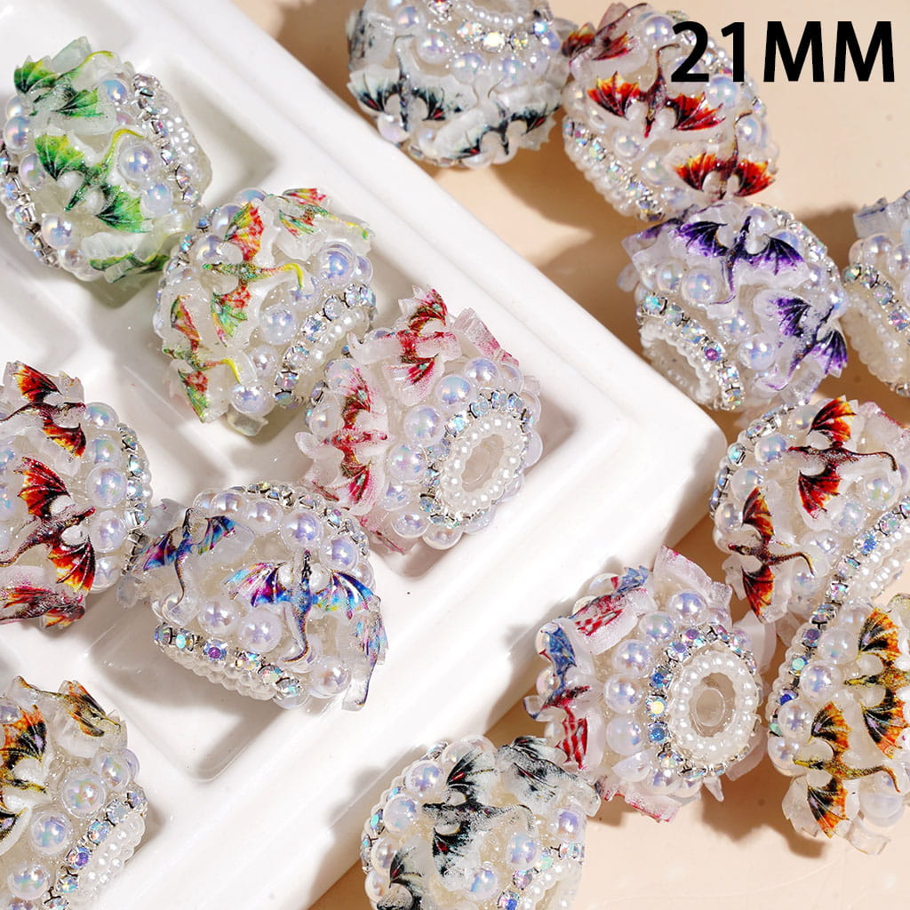 Handmade Acrylic Beads with Dragonbird & UV Coated Half-Shell Pearl, AB Rhinestone & White Pearl Chains, 21MM Multi-Color Random Mix
