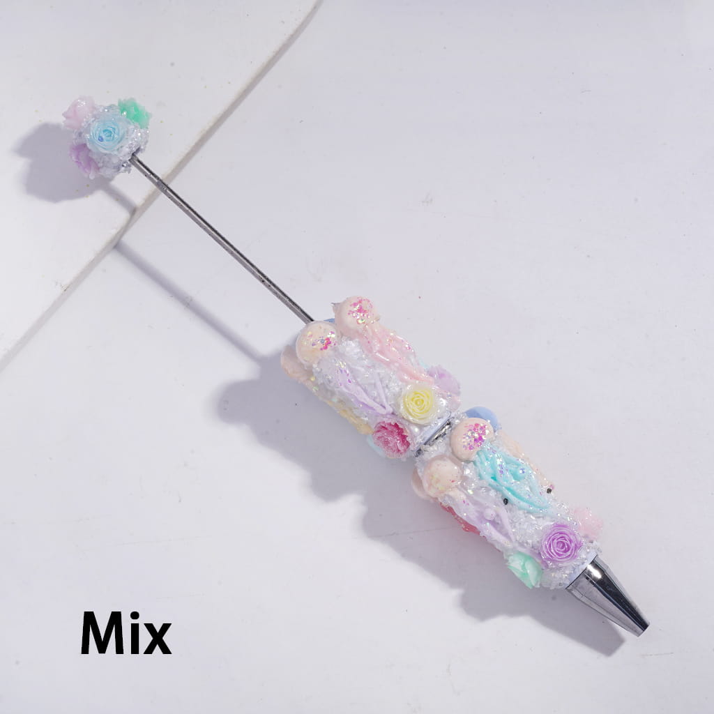 Beadable Sugar Clay Pens w Dazzling Jellyfish & Broken Rhinestones & Rose Flowers Covered the Entire Pens, Multi-Color
