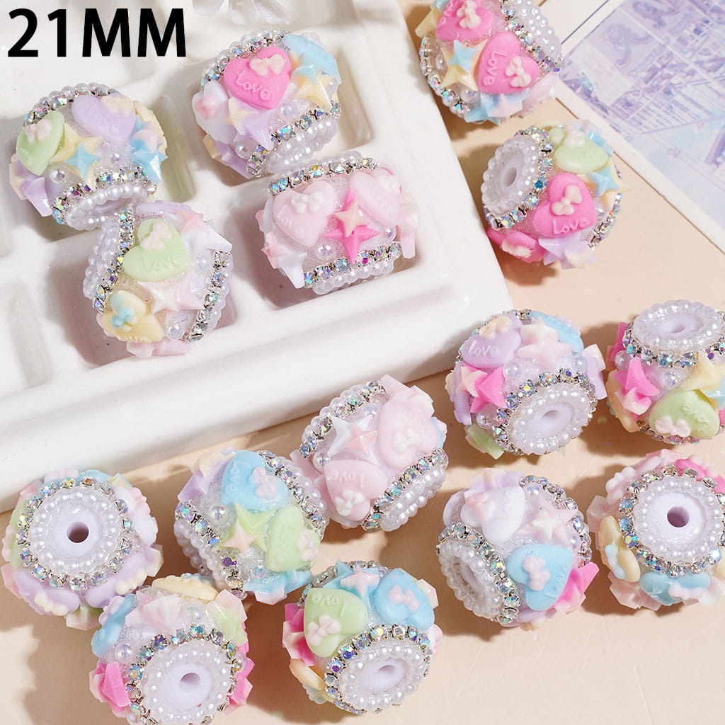 Handmade Acrylic Beads Star Heart w Mini Bowtie, UV Coated Half-Shell Pearl, AB Rhinestone & White Pearl Chains, 21MM Macaron Colors Random Mix