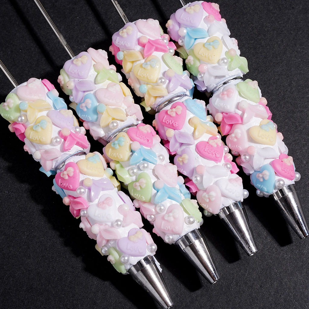 Beadable Clay Pens with Macaron Colors Fishtail and Heart with Bowtie, White Pearl
