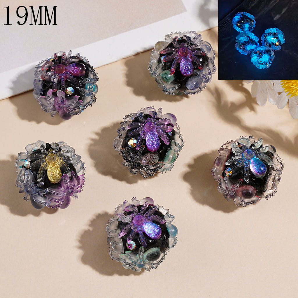 Clay Beads with Iridescent Glossy Spider and AB Rhinestones on Black Background, 19MM Multi-Color Random Mix