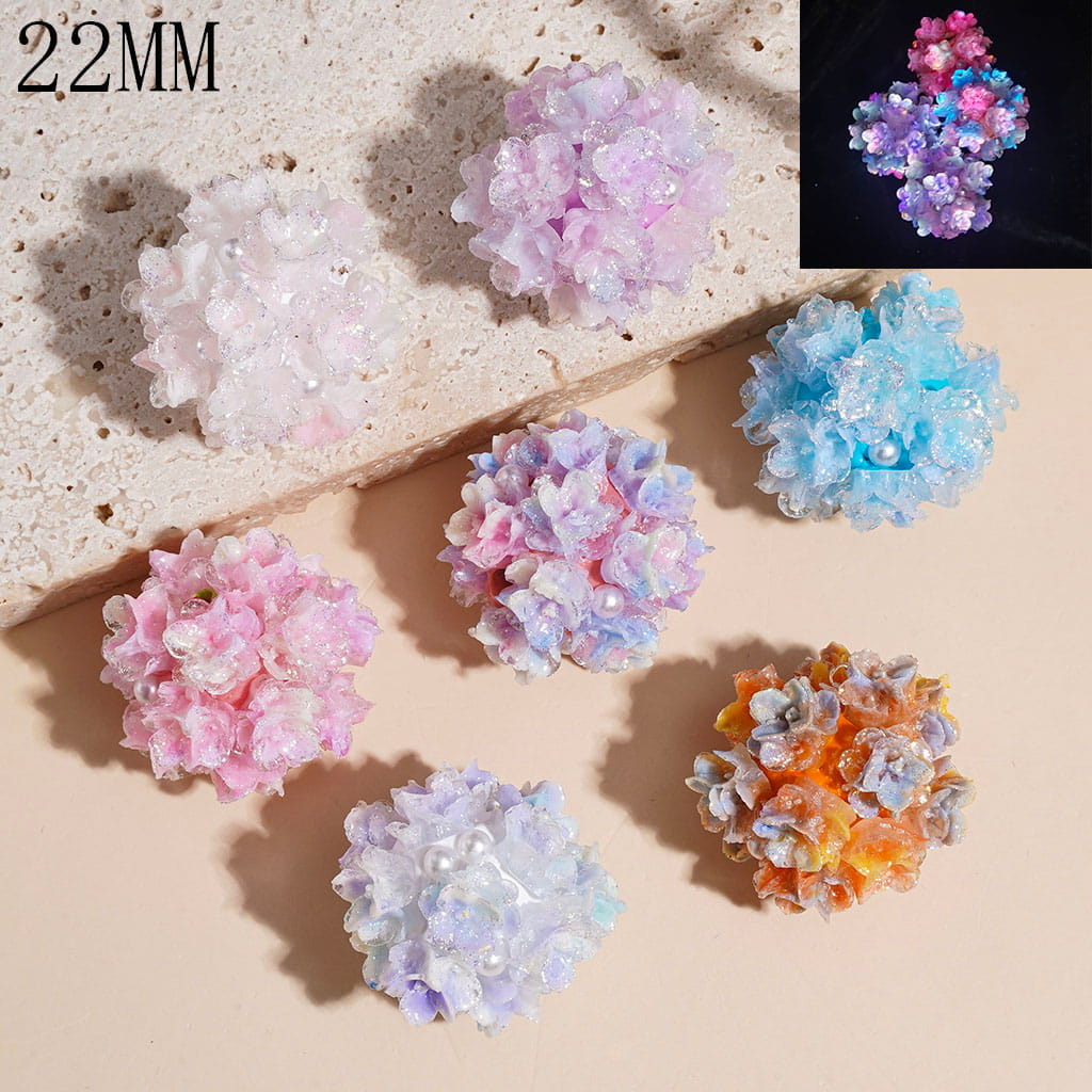 Clay Beads Luminous with Gold Glitter Gradient Flower and White Pearl, 22MM Multi-Color Random Mix