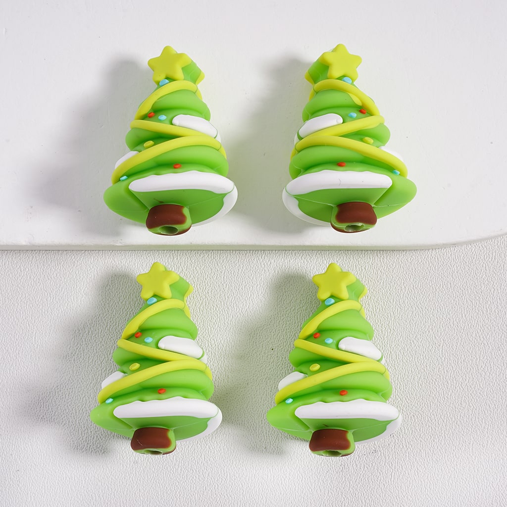 Silicone Focal Beads 3D Cute Green Christmas Tree with Star