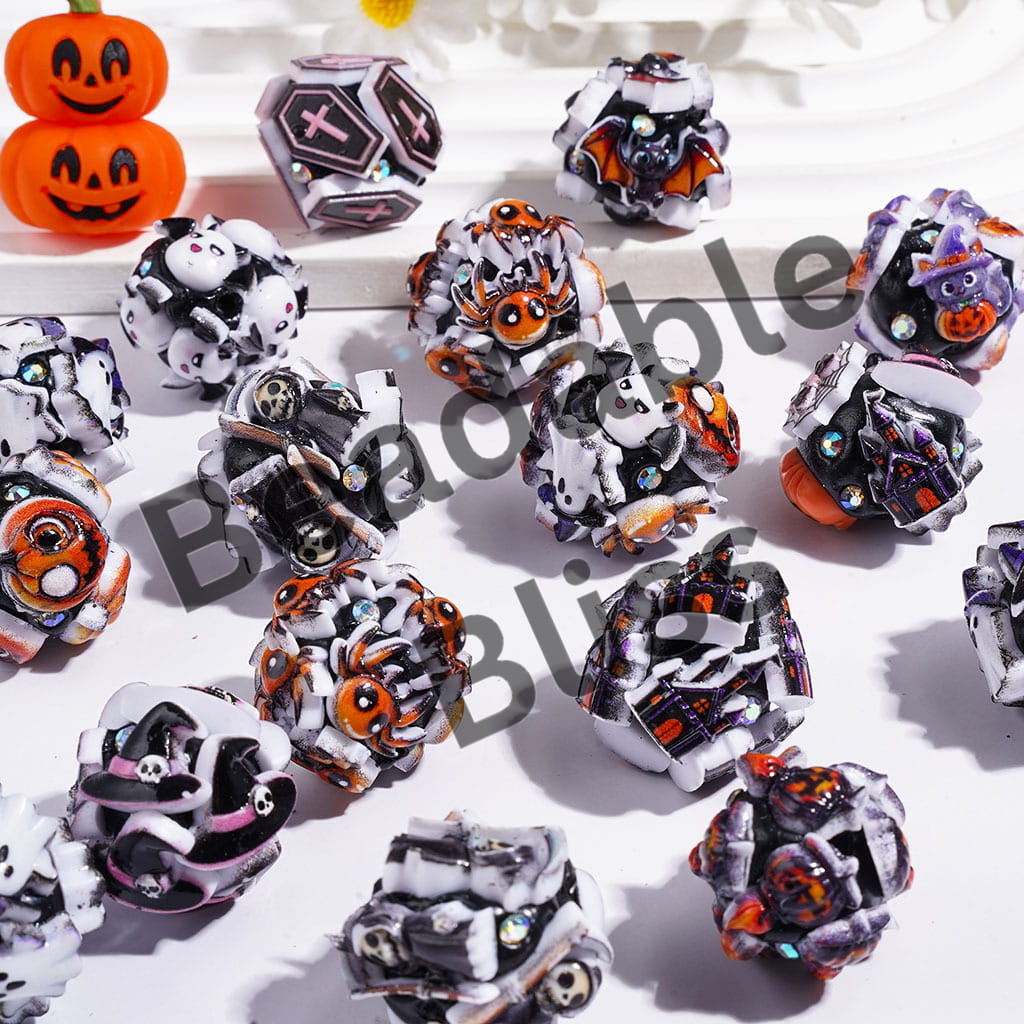 Clay Beads Halloween Theme with Demon Ghost Pumpkin Cat Castle Coffin Skeleton Bat, AB Rhinestones, 20MM Random Mix