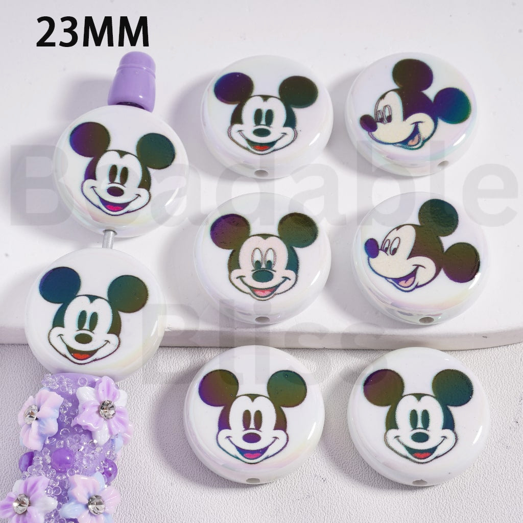 Acrylic Beads Round Flat UV Coating Cute Mickey Mouse Head, 23MM, Random Mix