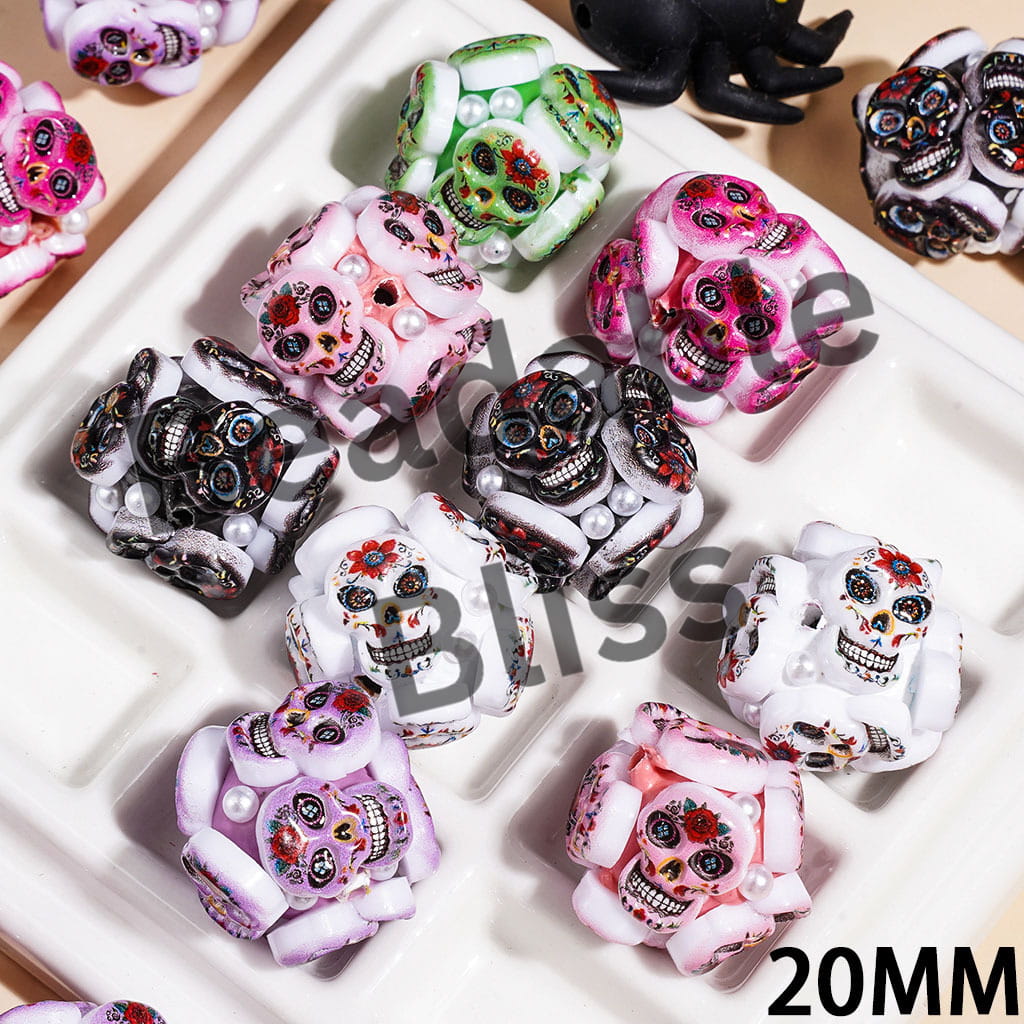 Clay Beads Skeleton Skull in Day of the Dead Theme, White Pearl, 20MM Multi-Color Random Mix