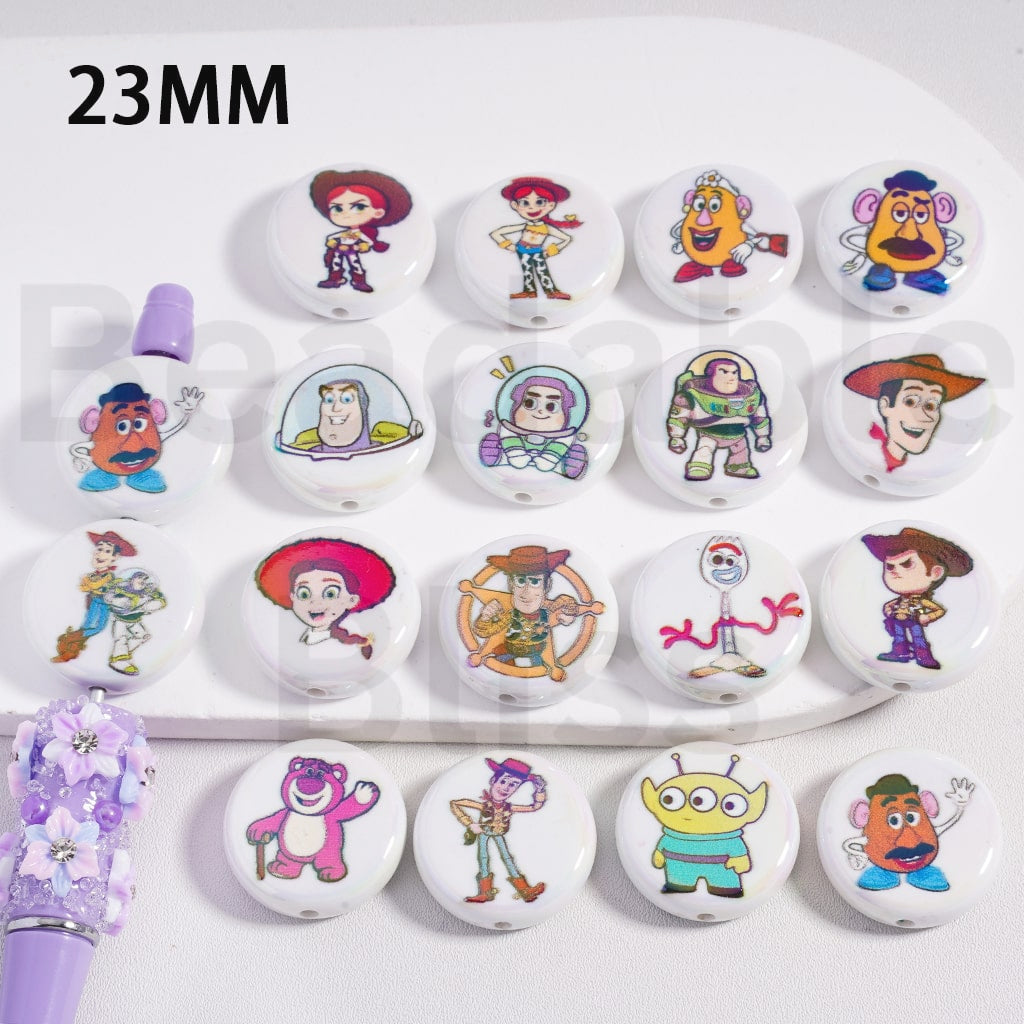 Acrylic Beads Round Flat UV Coating To Story Series Wood Buz Lightyea Alie Lots Bear Jessi Mr. Potat Head Fork , 23MM, Random Mix