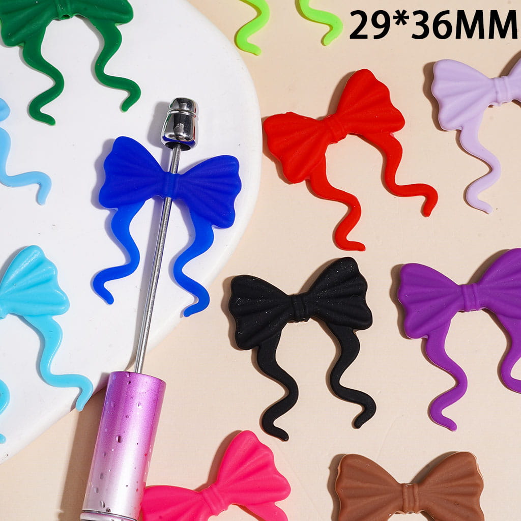 Silicone Focal Beads Bowtie with Long Ribbon, 29*36MM Multi-Color Random Mix